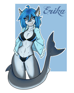 anthro bikini blue_eyes blue_hair bra breasts cleavage clothed clothing ear_piercing eyelashes female front_view fully_clothed furgonomic_piercing furgonomics grin hair jacket looking_at_viewer non-mammal_breasts panties piercing simple_background smile solo swimwear tail tail_piercing text topwear two-piece_swimsuit underwear ambris erika_(ambris) aquatic fish shark 2017 digital_media_(artwork) hi_res shaded