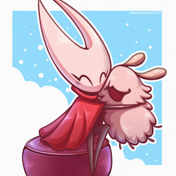ambiguous_gender anthro black_arms black_legs blue_background border cloak clothing cuddling duo eyes_closed female feral fur horn hug light open_mouth outline red_cloak red_clothing shadow simple_background sitting smile tan_body tan_fur text white_border white_horn unnotablejulz hollow_knight:_silksong hollow_knight_(franchise) team_cherry hornet_(hollow_knight) arthropod flea_(hollow_knight:_silksong) 1:1 2025 artist_name dated hi_res lighting