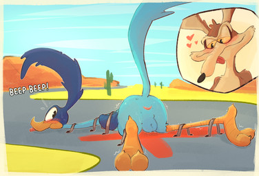 3_toes anthro anus beak biped black_nose blue_body bodily_fluids bound brown_body brown_fur butt duo feathers feet fur genitals male nude plantigrade presenting presenting_anus simple_background solo text toes trapped tuft notsafeforwanking looney_tunes warner_brothers road_runner_(looney_tunes) wile_e._coyote avian bird canid canine canis coyote cuculiform mammal new_world_ground_cuckoo roadrunner absurd_res digital_media_(artwork) english_text hi_res