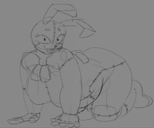 all_fours belly big_breasts bow_ribbon bow_tie breasts female grey_background kneeling looking_at_viewer patch_(fabric) simple_background slightly_chubby solo thick_thighs wide_hips kitapult five_nights_at_freddy's scottgames vanny_(fnaf) human lagomorph leporid mammal rabbit guide_lines monochrome sketch