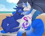 alsoflick anthro beach canid canine canis cuddling domestic_dog fox hi_res lizard male male/male mammal reptile scalie seaside snow tail tail_mouth unusual_anatomy unusual_tail wholesome wolf