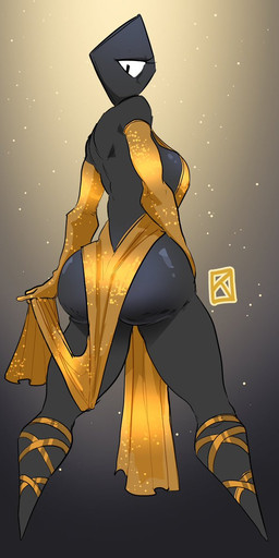 armwear big_breasts big_butt black_body black_breasts black_butt black_eyes black_skin breasts butt butt_pose clothing elbow_gloves eyelashes featureless_legs female female_humanoid floating_head glistening glistening_breasts glistening_butt gloves gold_dress gold_elbow_gloves half-closed_eyes handwear looking_at_viewer looking_back looking_back_at_viewer mouthless narrowed_eyes not_furry pose solo standing white_sclera kanekuo prisma_(fr0gv0re) humanoid shape_head watermark