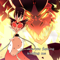4_eyes anthro black_body cape chain clothed clothed_anthro clothed_male clothing collar dialogue duo fire larger_anthro larger_male looking_at_viewer looking_back looking_back_at_viewer male multi_eye multicolored_body profanity red_body red_eyes sharp_teeth size_difference smaller_anthro smaller_male teeth text two_tone_body white_body yellow_eyes syekiia hellaverse helluva_boss mythology satan_(helluva_boss) stolas_(helluva_boss) avian bird demon dragon mythological_creature mythological_scalie owl scalie 1:1 2026 english_text hi_res meme