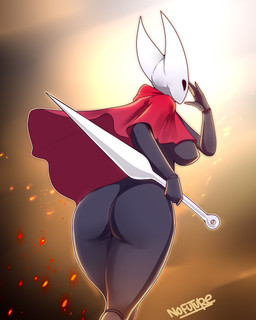 2_horns 5_fingers biped black_body black_eyes breasts butt clothing female fingers holding_melee_weapon holding_object holding_weapon horn melee_weapon red_clothing solo standing text weapon nofuture hollow_knight_(franchise) team_cherry hornet_(hollow_knight) arthropod 2025 4:5 artist_name english_text hi_res