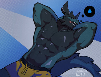 abs anthro barazoku black_body bottomwear cheek_spikes clothed clothing facial_spikes hands_behind_back head_horn horn lying male muscular muscular_anthro muscular_male navel nipples on_back open_mouth pecs shorts solo spikes spikes_(anatomy) tail thought_bubble tongue tongue_out topless water_drop megadolix mythology dragon mythological_creature mythological_scalie scalie wingless_dragon 2026 dated hi_res