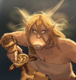 5_fingers anthro armor blonde_hair breasts cleavage clenched_teeth clothed clothing fangs female fingers first_person_view glowing glowing_eyes hair holding_melee_weapon holding_object holding_sword holding_weapon long_hair looking_at_viewer melee_weapon pale_skin solo sword teeth topwear vambrace weapon yellow_eyes redustheriotact celia_(redustheriotact) faemian haplorhine mammal monkey primate 2022 hi_res