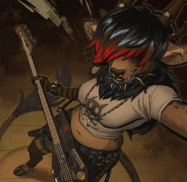 2_horns alternative_fashion anthro armwear barbell_piercing belt biped black_bottomwear black_clothing black_hair black_lipstick bottomwear bracelet breasts brown_body brown_fur brown_hair brown_horn brown_nose clothed clothing collar crop_top ear_piercing elbow_gloves electric_guitar facial_piercing fangs female female_anthro fur gloves guitar hair hair_over_eyes handwear high-angle_view highlights_(coloring) holding_musical_instrument holding_object hooves horn horn_jewelry horn_ring industrial_piercing industrial_piercing_ladder jewelry leg_warmers legwear lipstick long_hair long_tail makeup medium_breasts midriff multicolored_hair musical_instrument navel neck_tuft necklace nose_piercing nose_ring pattern_clothing pattern_gloves pattern_handwear pattern_leg_warmers pattern_legwear piercing plucked_string_instrument punk red_hair red_highlights ring ring_(jewelry) ring_piercing septum_piercing septum_ring shirt shorts slightly_chubby slightly_chubby_anthro slightly_chubby_female solo spiked_bracelet spiked_collar spikes string_instrument striped_clothing striped_gloves striped_handwear striped_leg_warmers striped_legwear stripes t-shirt tail tail_tuft tan_body teeth topwear tuft two_tone_hair unguligrade white_clothing white_topwear angusburgers cheri_(phoenixsoul) bovid bovine cattle hybrid mammal digital_media_(artwork) hi_res