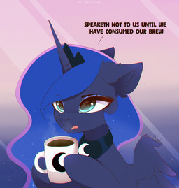 1_horn beverage black_neckwear black_tiara blue_hair coffee container crown cup dialogue eyelashes eyeshadow feathered_wings feathers female female_feral feral gradient_background hair headgear highlights_(coloring) holding_container holding_cup holding_mug holding_object horn makeup mug open_mouth purple_body purple_eyeshadow purple_highlights purple_horn purple_wings quadruped simple_background solo spiral_horn teal_eyes text tiara wings nnalyart friendship_is_magic hasbro my_little_pony mythology princess_luna_(mlp) equid equine mammal mythological_creature mythological_equine winged_unicorn absurd_res digital_drawing_(artwork) digital_media_(artwork) english_text hi_res shaded signature
