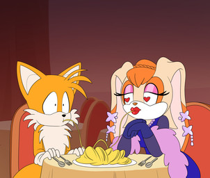 age_difference anthro dinner dinner_date dinner_table duo female food imminent_kiss lipstick makeup male male/female older_female pasta spaghetti younger_male 4chan_anon anonymous_artist sega sonic_the_hedgehog_(series) miles_prower vanilla_the_rabbit canid canine fox lagomorph leporid mammal rabbit red_fox true_fox hi_res