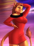 anthro arm_tuft breasts brown_body brown_fur brown_hair clothing exposure_variation eyebrows eyelashes female fur hair hand_on_hip inner_ear_fluff long_hair planet pupils shoulder_tuft slit_pupils solo starfleet_uniform tail tail_tuft tuft uniform yellow_sclera mykegreywolf star_trek star_trek_the_animated_series m'ress alien caitian felid mammal 2022 3:4 absurd_res hi_res portrait three-quarter_portrait