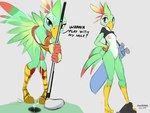 4:3 anthro areola avian azuredeer bird bird_body_(nintendo_switch_sports) blue_eyes bodily_fluids breasts cum cum_drip dripping english_text feathers female femboy genital_fluids genitals golf golf_club grass_skirt green_body green_feathers hi_res humanoid_genitalia humanoid_penis male nintendo nintendo_sports nintendo_switch nintendo_switch_sports nipples penis precum precum_drip pussy small_breasts solo sport tail tail_feathers text tribal tribal_clothing white_body white_feathers