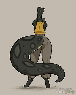 anthro biped bottomwear butt clothed clothed_anthro clothed_female clothing feet female fully_clothed fully_clothed_anthro fully_clothed_female rear_view scales simple_background solo spots standing tail toes topwear spiritelin reptile scalie snake 2026 digital_drawing_(artwork) digital_media_(artwork) hi_res