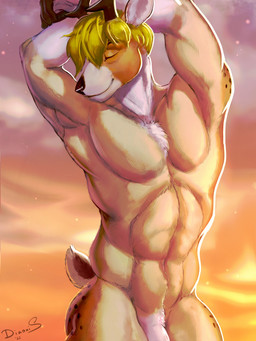 abs anthro antlers blonde_hair brown_antlers brown_body brown_eyebrows brown_fur brown_horn brown_nose brown_spots butt chest_tuft eyebrows eyes_closed front_view fur genitals hair hands_behind_head horn looking_aside male markings muscular muscular_anthro muscular_male nude obliques pecs penis raised_arms simple_background smile solo spots spotted_body spotted_fur sun tuft white_arms white_body white_fur white_inner_ear white_penis white_tuft yellow_body yellow_fur dimonis deer mammal 2022 3:4 hi_res