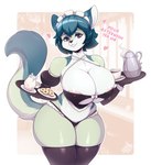 2022 absurd_res anthro areola areola_slip armwear big_breasts blue_hair breasts clothed clothed_anthro clothed_female clothing detached_sleeves dialogue dipstick_ears domestic_cat english_text eyebrows eyelashes felid feline felis female female_anthro fur green_body green_fur hair heart_symbol hi_res huge_breasts legwear lingerie looking_at_viewer maid_headdress mammal multicolored_ears purple_eyes secretly_saucy serving shirt_cuffs skimpy solo stockings text thick_thighs underwear white_body white_fur zephyr_(rheyarezeta)