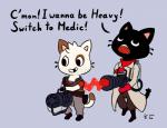 anthro dialogue duo gaming gatling_gun gun healing humor machine_gun male minigun ranged_weapon text weapon young young_anthro sen_grisane_(artist) team_fortress_2 the_gamercat valve gamercat_(character) glitch_(the_gamercat) heavy_(team_fortress_2) medic_(team_fortress_2) domestic_cat felid feline felis mammal 2014 english_text