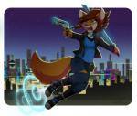 2019 anthro blue_eyes braided_hair brown_hair canid canine clothed clothing digital_media_(artwork) dual_wielding dvixie female fox gun hair holding_object holding_weapon mammal melee_weapon open_mouth ranged_weapon solo sword teeth tongue weapon