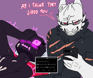 after_sex anthro bed black_body blush blush_lines bodily_fluids cum dialogue electronics eyelashes eyewear facial_tuft female furniture genital_fluids glasses head_markings heart_eyes heart_symbol lying lying_on_bed male markings motion_lines multicolored_body muscular muscular_male neck_tuft on_bed phone purple_background red_eyes scar scars_all_over shaking sharp_teeth simple_background sweat teeth text tuft dragonskyller microsoft minecraft mojang mythology twitter xbox_game_studios skyller dragon enderman mythological_creature mythological_scalie scalie english_text hi_res