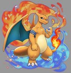 anthro armband biped blue_eyes blue_fire claws colored_fire countershade_torso countershading fire male orange_body pear-shaped_figure smile solo tail wide_hips wings haychel nintendo pokemon eddy_(includefireio) charizard generation_1_pokemon pokemon_(species) 2024 hi_res