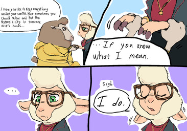 anthro bell_necklace black_clothing black_suit brown_body brown_fur brown_wool clothing dialogue duo eyewear female fur glasses green_eyes hand_holding hoodie hooves jacket kneeling male red_clothing red_shirt red_topwear shippings shirt suit text topwear wearing_glasses white_body white_fur white_wool wool_(fur) wool_hair yellow_clothing yellow_eyes yellow_hoodie yellow_jacket_(clothing) yellow_topwear miss-ewe3479 disney zootopia dawn_bellwether doug_ramses bovid caprine mammal sheep comic english_text hi_res
