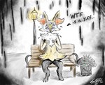 anthro bench male panicking sitting solo syntham nintendo pokemon braixen canid canine fox generation_6_pokemon mammal pokemon_(species) absurd_res hi_res meme