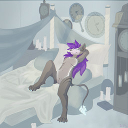 andromorph anthro biped black_stripes candle claws clock coin_slot detailed_background ear_piercing fluffy fluffy_hair fur gauged_ear genitals glowing glowing_claws glowing_eyes glowing_markings glowing_piercing glowing_stripes green_piercing grey_body grey_fur hair intersex long_hair long_tail looking_at_viewer lying markings multiple_piercings navel navel_piercing nipple_piercing nipples nude on_back pawpads paws piercing purple_hair solo stripes tail tail_tuft tuft vulva white_claws white_eyes white_stripes white_tuft tannith_hyena tannith_iceheart demon hybrid hyena mammal 1:1 absurd_res colored hi_res huge_filesize shaded