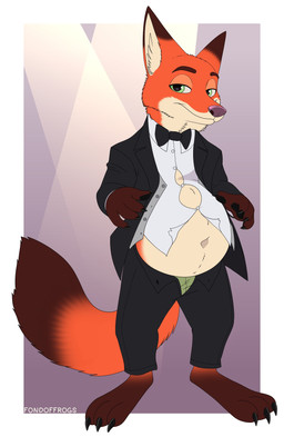 3_toes 4_fingers anthro black_claws black_pawpads bloated bottomwear bow_tie brown_eyebrows claws clothed clothing dipstick_ears dipstick_tail ear_markings eyebrows feet fingers fur green_eyes inner_ear_fluff jacket male markings multicolored_body multicolored_ears multicolored_fur navel orange_body orange_fur pants pawpads pink_nose shirt solo tail tail_markings tan_inner_ear_fluff toes topwear tuft underwear fondoffrogs disney zootopia nick_wilde canid canine fox mammal red_fox true_fox absurd_res hi_res
