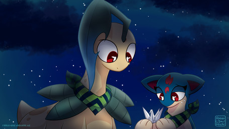 ambiguous_gender anthro blue_body blue_fur cloud duo female feral fur kerchief light long_neck multicolored_body multicolored_fur night origami_crane quadruped red_eyes sad standing star tail yellow_body jun-system nintendo pokemon pokemon_mystery_dungeon spike_chunsoft bayleef generation_2_pokemon pokemon_(species) quilava 16:9 hi_res lighting shaded signature widescreen