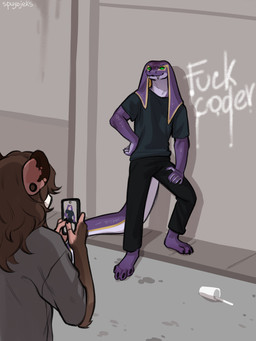 4_toes 5_fingers ambiguous_gender anthro barefoot biped bottomwear brown_body brown_fur brown_hair claws clothed clothed_anthro clothing countershade_torso countershading duo ear_piercing feet finger_claws fingers fully_clothed fully_clothed_anthro fur gauged_ear green_eyes hair male outside piercing purple_body purple_scales purple_tail scales standing tail teeth toe_claws toes topwear spuydjeks kisa_(spuydjeks) american_opossum mammal marsupial reptile scalie snake 2026 3:4 digital_drawing_(artwork) digital_media_(artwork) hi_res