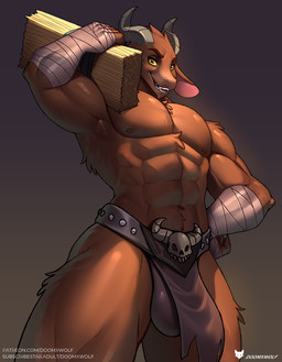 2_horns anthro arm_wraps big_bulge bottomwear brown_body brown_fur bulge carrying_another clothed clothing front_view fur horizontal_pupils horn loincloth loincloth_only male mostly_nude_anthro mostly_nude_male muscular muscular_anthro muscular_male pupils shoulder_carry smile solo standing topless wraps yellow_eyes doomthewolf bovid caprine caprine_demon demon goat goat_demon mammal hi_res