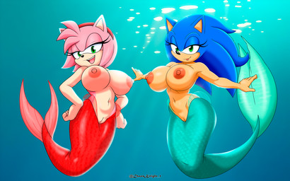 accessory air_bubble animal_ears animal_nose anthro big_breasts blue_hair breasts crossgender duo female fin genitals green_eyes hair hair_accessory hairband hands_on_hips huge_breasts innie_vulva lipstick long_hair looking_at_viewer makeup monster_girl_(genre) monsterification navel nipples open_mouth organs pink_hair smile split_form stomach text underwater vulva water the_knight sega sonic_the_hedgehog_(series) amy_rose sonic_the_hedgehog eulipotyphlan hedgehog humanoid mammal marine merfolk absurd_res artist_name full-length_portrait hi_res portrait