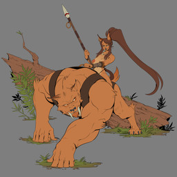 all_fours anthro areola armor barbarian biceps black_body black_fur black_lips black_nails black_nose bracers breasts brown_body brown_fur brown_hair casual_exposure claws clothed clothing colored_nails duo ear_piercing empty_eyes fangs female fur grass grey_background hair jewelry lancer larger_male lips long_hair looking_at_viewer male melee_weapon mount muscular nails nature navel necklace nipples orange_body orange_fur orange_nipples piercing plant polearm ponytail sabertooth_(anatomy) saddle scar simple_background size_difference smaller_female spear teeth thong topless tree underwear weapon flashspot hollandworks felid feline mammal prehistoric_species saber-toothed_tiger 1:1 2018 hi_res