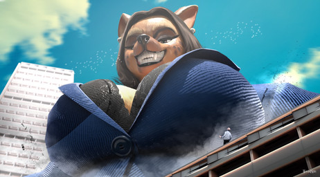 anthro bald big_breasts black_bottomwear black_bra black_clothing black_nose black_pants black_underwear blue_clothing blue_shirt blue_sky blue_suit blue_topwear bottomwear bra breasts brown_body brown_eyes brown_fur brown_hair building clothing cloud debris duo ear_piercing eyebrows eyelashes female flock_of_birds fur hair looming low-angle_view macro macro_anthro macro_female male micro_human micro_male outside pants piercing pointy_ears prick_ears shirt sky skyscraper smile suit teeth text topwear underwear taylornoir twilightv0ids_(modeler) kamala_harris human hyena mammal 2025 3d_(artwork) artist_name digital_drawing_(artwork) digital_media_(artwork) hi_res mixed_media signature