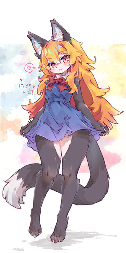 4_claws 4_fingers 4_toes :3 anthro barefoot biped blonde_hair blue_clothing blue_dress blush blush_lines claws closed_smile clothed clothed_anthro clothed_female clothing digitigrade dipstick_tail dress eyebrow_through_hair eyebrows eyelashes eyelashes_through_hair feet female female_anthro finger_claws fingers fur glistening glistening_eyes grey_body grey_ears grey_fur hair heart_symbol inner_ear_fluff iris kemono long_hair long_tail looking_at_viewer markings mouth_closed multicolored_body multicolored_eyes multicolored_fur pointy_ears prick_ears pupils sleeveless_dress smile solo standing tail tail_markings toe_claws toes translucent translucent_hair tuft two_tone_body two_tone_fur white_body white_fur white_inner_ear_fluff white_sclera white_tail_tip kolshica futaba_channel akuma_gaoru canid canine canis mammal wolf 2025 absurd_res digital_drawing_(artwork) digital_media_(artwork) full-length_portrait hi_res portrait shaded