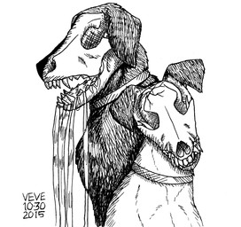 ambiguous_fluids ambiguous_gender bone collar cracks duo fangs feral floppy_ears sharp_teeth skull skull_head teeth skyelegs canid canine canis domestic_dog mammal 2015 black_and_white dated hi_res monochrome signature