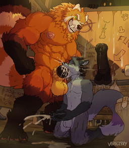 abs animal_genitalia animal_penis anthro anthro_on_anthro anthro_penetrated anthro_penetrating anthro_penetrating_anthro ball_size_difference balls bared_teeth bathroom biceps big_penis biped black_penis bodily_fluids chest_tuft claws clenched_teeth condom countershading cum cum_from_mouth cum_from_nose cum_in_mouth cum_in_nose cum_inside cum_on_ground cum_on_penis cum_on_wall cumshot directional_arrow dirty duo_focus ejaculation equine_genitalia equine_penis erection eyebrows fellatio filled_condom fur genital_fluids genitals glory_balls glory_hole gloves_(marking) graffiti group head_grab irrumatio knot larger_male looking_at_another looking_down male male/male male_penetrated male_penetrating male_penetrating_male markings masturbation medial_ring motion_blur motion_lines multicolored_body multicolored_fur muscular muscular_anthro muscular_male narrowed_eyes nipples nude oral oral_penetration orgasm pecs penetration penile penile_masturbation penile_penetration penis penis_drawing penis_in_mouth penis_size_difference phone_number precum public_restroom restroom_stall ring_(marking) ringed_tail rough_sex sex sexual_barrier_device size_difference smaller_male smaller_penetrated striped_markings striped_tail stripes sweat tail tail_markings tally_marks tears teeth text toe_claws toilet tuft voyeur western_tally_marks voidlesky mythology aery barry_nexus ailurid canid canine fox hybrid mammal mythological_canine mythological_creature red_panda werecanid werecanine werecreature werewolf english_text hi_res