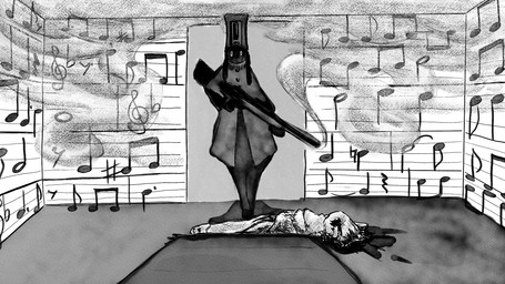 blood blood_splatter bodily_fluids cabinet clothing death doorway duo female gun hat headgear headwear male military_cap military_uniform musical_note musical_symbol ranged_weapon rifle shot_in_head smoke smoke_cloud symbol uniform weapon dragonweirdo canid canine canis domestic_dog domestic_ferret mammal mustelid musteline true_musteline weasel 16:9 hi_res widescreen