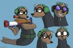 clothed clothing earmuffs eyewear feral goggles holding_object holding_weapon looking_aside looking_at_viewer male sad simple_background smile solo weapon arloatdusk mangohyena seal_team switch_(seal_team) mammal marine pinniped seal 2022 3:2 hi_res