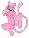 3_toes alternate_species anthro bedroom_eyes big_breasts blue_eyes blush bow_ribbon breasts butt digitigrade ears_up erect_nipples eyelashes feet female floating front_view fur genitals hair long_tail looking_at_viewer narrowed_eyes navel nipples nude open_mouth paws pink_body pink_fur pink_hair pokemorph presenting presenting_pussy pubes pupils pussy raised_tail ribbon_only seductive short_hair simple_background slit_pupils solo spread_legs spreading tail teeth thick_thighs toes white_background ivanks nintendo pokemon serena_(pokemon) generation_1_pokemon legendary_pokemon mammal mew_(pokemon) pokemon_(species)