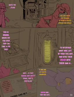 anthro clothed clothing comic_panel dialogue pink_text purple_body text yellow_text conditional_dnp dacad rebecca_(dacad) tyler_(dacad) zipper_(dacad) avian bat domestic_ferret mammal mustelid musteline true_musteline weasel comic english_text hi_res restricted_palette