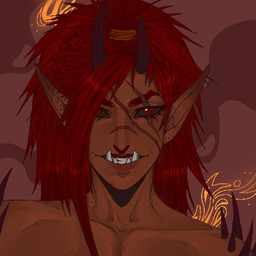 ambiguous_gender arm_spikes black_sclera brown_body facial_scar front_view glistening glistening_eyes hair horn humanoid_face humanoid_pointy_ears looking_at_viewer nude pointy_ears red_eyes red_hair scar shoulder_spikes simple_background solo spikes spikes_(anatomy) teeth unsigned smogville humanoid 1:1 bust_portrait hi_res icon portrait