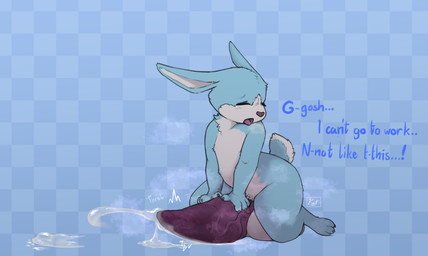 anthro aroused balls big_balls big_penis blue_body bodily_fluids checkered checkered_background cum cumshot dialogue ears_back ejaculation excessive_genital_fluids excessive_precum genital_fluids genitals hand_on_penis heart_nose heart_symbol huge_balls huge_penis hyper hyper_balls hyper_genitalia hyper_penis kneeling long_ears looking_back male musk pattern_background paws penis pivoted_ears precum simple_background sitting_on_balls sitting_on_penis solo straddling straddling_penis tapering_penis text tongue tongue_out vein veiny_penis geno28 lagomorph leporid mammal rabbit blue_theme digital_media_(artwork) english_text hi_res watermark