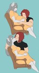 anthro blush chair eyes_closed female fur furniture hair hand_on_belly human_on_anthro interspecies kissing male male/female on_chair pink_nose pregnant red_hair sitting sitting_on_chair white_body white_fur white_hair dd.leech twokinds database_error_(twokinds) raine_silverlock canid canine canis human keidran mammal wolf absurd_res hi_res