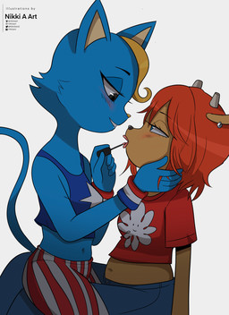 anthro applying_makeup black_nose blonde_hair blue_body blue_bottomwear blue_clothing blue_crop_top blue_fur blue_jeans blue_pants blue_shirt blue_tank_top blue_topwear blush bottomwear brown_body brown_fur clothing crop_top denim denim_bottomwear denim_clothing duo ear_piercing ear_ring eye_contact female fur hair hand_on_another's_chin hand_on_chin horn humanoid_hands jeans looking_at_another makeup navel on_lap pants pattern_bottomwear pattern_clothing pattern_pants personal_grooming piercing pink_nose red_clothing red_crop_top red_hair red_shirt red_topwear ring_piercing shirt simple_background sitting_on_lap slightly_chubby slightly_chubby_anthro slightly_chubby_female smile smiling_at_another striped_bottomwear striped_clothing striped_pants stripes tail tan_inner_ear tank_top thin_tail topwear white_background nikkiaart parappa_the_rapper sony_corporation sony_interactive_entertainment um_jammer_lammy katy_kat lammy_lamb bovid caprine domestic_cat felid feline felis mammal sheep 2026 absurd_res digital_drawing_(artwork) digital_media_(artwork) english_description hi_res