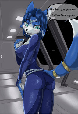 5_fingers anthro blue_body blue_ears blue_fur blue_hair breasts butt clothed clothed_anthro clothed_female clothing detailed_background eyebrows eyelashes female female_anthro fingers fur hair shy skinsuit solo spacesuit tail tight_clothing nova_bold nintendo star_fox krystal_(star_fox) canid canine fox mammal 2024 animated animated_gif digital_media_(artwork) short_playtime