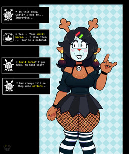 anthro black_lipstick blush bodypaint bottomwear breasts checkered checkered_background choker cleavage clothed clothed_anthro clothed_female clothing dialogue dialogue_box face_paint female female_anthro fishnet_clothing fishnet_legwear freckles jewelry legwear lipstick makeup necklace nervous nervous_smile offscreen_character pattern_background pattern_clothing pattern_legwear simple_background skirt solo striped_clothing striped_legwear stripes text text_box thigh_highs wide_hips somescrub deltarune undertale_(series) catti_cattenheimer friend_(deltarune) noelle_holiday cheshire_cat_(species) deer domestic_cat felid feline felis mammal new_world_deer reindeer 2025 absurd_res digital_media_(artwork) english_text hi_res