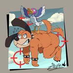 anthro big_butt big_feet bracelet butt collar duo feet jewelry laugh male male/male muscular spiked_collar spikes tail tail_motion tailwag zipperhyena duck_hunt nintendo duck_hunt_dog duck_hunt_duck anatid anseriform avian bird canid canine duck mammal 1:1 hi_res