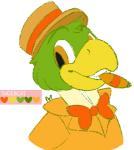 anthro beak bow_(feature) bow_tie cigar clothing feathers green_body green_feathers grin hat head_tuft headgear headwear orange_eyes pork_pie_hat simple_background smile solo tuft white_background yellow_beak blushbaker disney the_three_caballeros jose_carioca avian bird parrot 2017 bust_portrait portrait restricted_palette signature