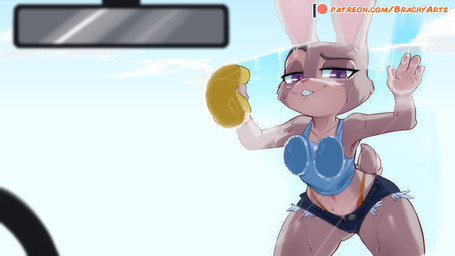 against_surface anthro big_breasts bite biting_lip biting_own_lip bottomwear breast_squish breasts breasts_on_glass buckteeth car_wash clothed clothing crop_top daisy_dukes denim denim_bottomwear denim_clothing denim_shorts female fur glass grey_body grey_fur grin hotpants long_ears looking_at_viewer midriff mirror narrowed_eyes naughty_face navel on_glass pink_nose purple_eyes scut_tail self_bite shirt short_tail shorts shortstack shortstack_female smile solo sponge squish tail tank_top teeth thick_thighs thong_straps topwear unbuttoned underwear wet wide_hips brachyzoid disney zootopia judy_hopps lagomorph leporid mammal rabbit 16:9 2016 2020 digital_media_(artwork) portrait three-quarter_portrait widescreen