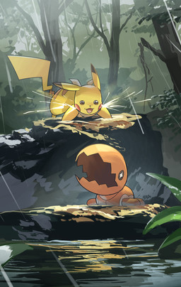 ambiguous_gender brown_eyes duo electricity feral male markings open_mouth orange_body plant raining striped_markings stripes tail tongue tree water yellow_body hakkentai_pkdn nintendo pokemon generation_1_pokemon generation_3_pokemon pikachu pokemon_(species) trapinch 2025 hi_res