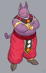 anthro belly bottomwear clothed clothing crossed_arms male navel overweight pants purple_body smile solo standing topless topless_anthro topless_male yellow_eyes toicobis dragon_ball dragon_ball_super champa domestic_cat felid feline felis mammal absurd_res hi_res